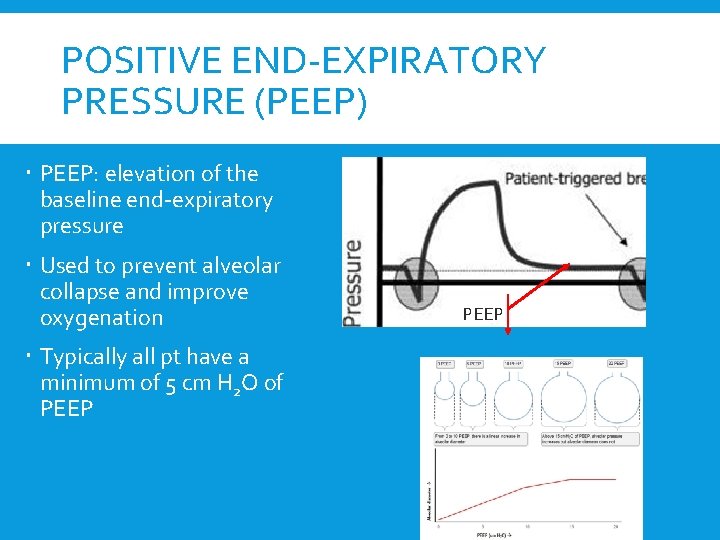 POSITIVE END-EXPIRATORY PRESSURE (PEEP) PEEP: elevation of the baseline end-expiratory pressure Used to prevent