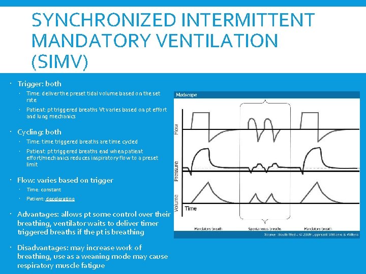 SYNCHRONIZED INTERMITTENT MANDATORY VENTILATION (SIMV) Tidal volume: varies based on the breath trigger Trigger: