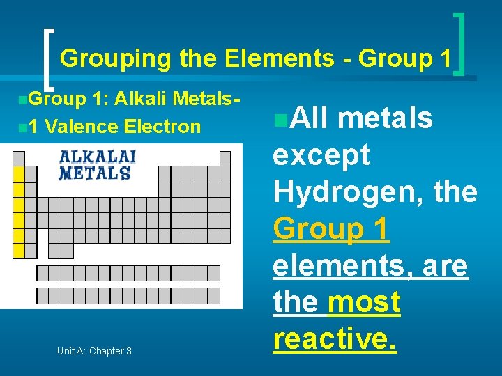 Grouping the Elements - Group 1 n. Group 1: Alkali Metalsn 1 Valence Electron