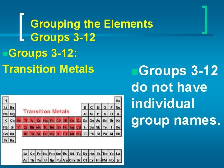 Grouping the Elements Groups 3 -12 n. Groups 3 -12: Transition Metals n. Groups