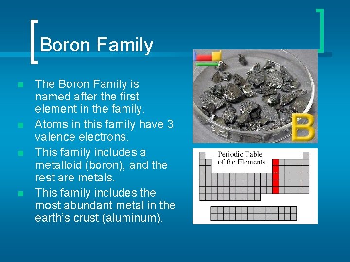 Boron Family n n The Boron Family is named after the first element in