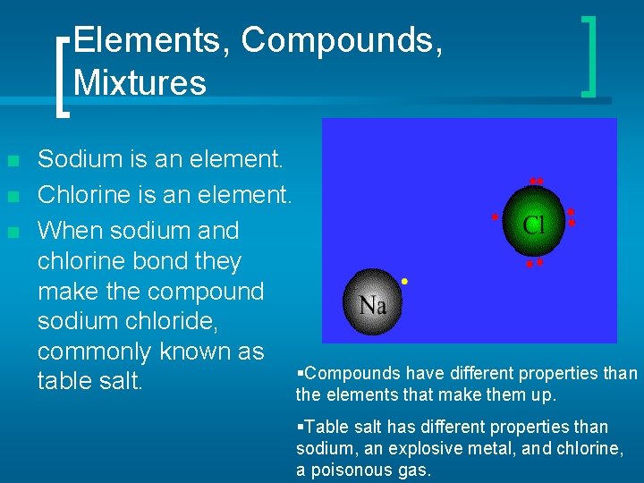 Elements, Compounds, Mixtures n n n Sodium is an element. Chlorine is an element.