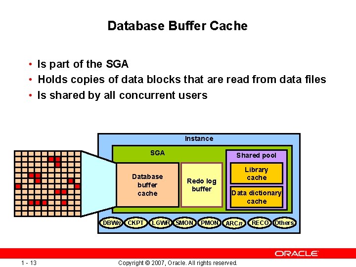 Database Buffer Cache • Is part of the SGA • Holds copies of data