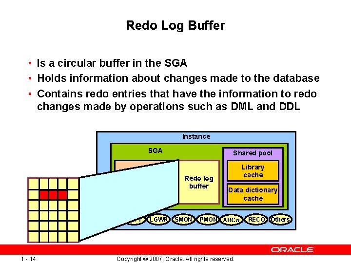 Redo Log Buffer • Is a circular buffer in the SGA • Holds information