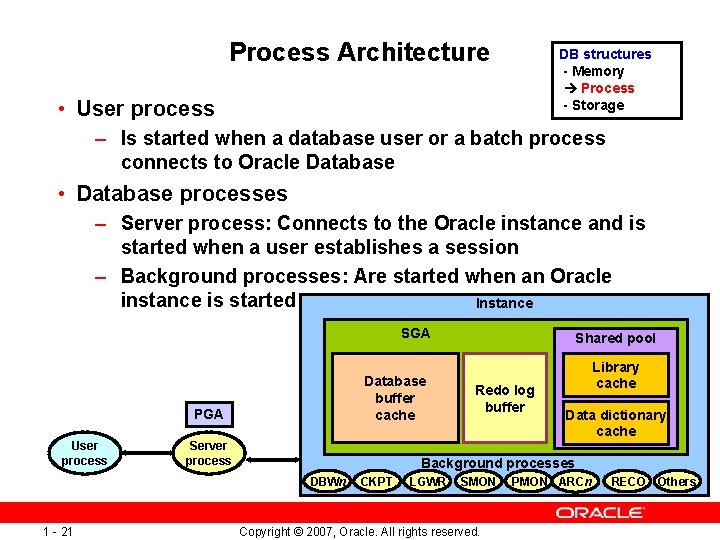 Process Architecture DB structures - Memory Process - Storage • User process – Is