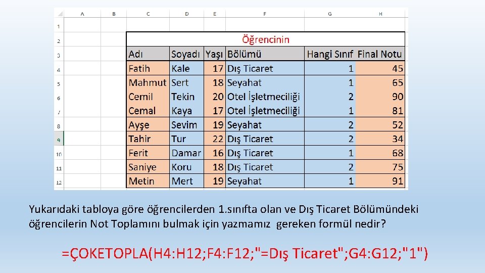 Yukarıdaki tabloya göre öğrencilerden 1. sınıfta olan ve Dış Ticaret Bölümündeki öğrencilerin Not Toplamını