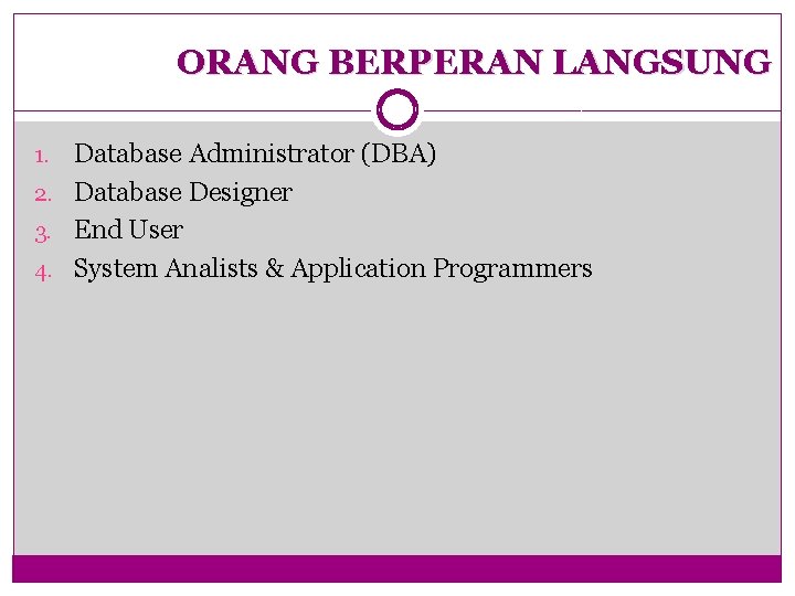 ORANG BERPERAN LANGSUNG Database Administrator (DBA) 2. Database Designer 3. End User 4. System