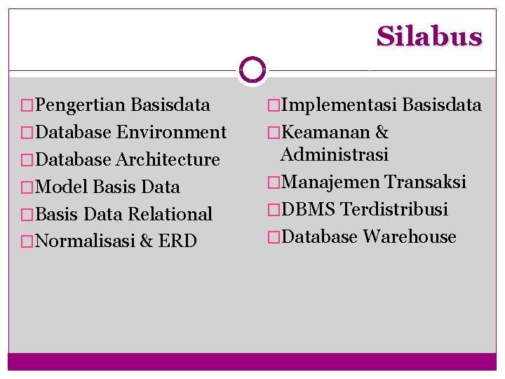 Silabus �Pengertian Basisdata �Implementasi Basisdata �Database Environment �Keamanan & �Database Architecture Administrasi �Manajemen Transaksi