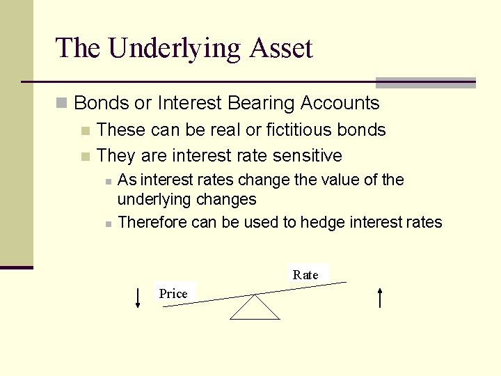 The Underlying Asset n Bonds or Interest Bearing Accounts n These can be real