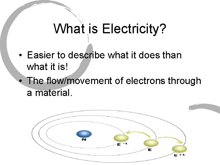 What is Electricity? • Easier to describe what it does than what it is!