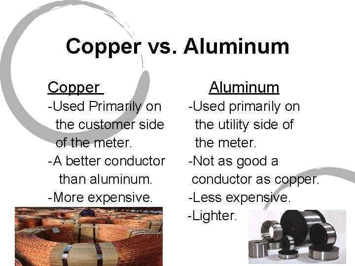 Copper vs. Aluminum Copper -Used Primarily on the customer side of the meter. -A