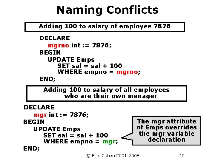 Naming Conflicts Adding 100 to salary of employee 7876 DECLARE mgrno int : =