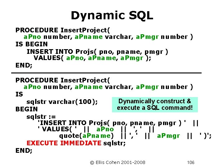 Dynamic SQL PROCEDURE Insert. Project( a. Pno number, a. Pname varchar, a. Pmgr number