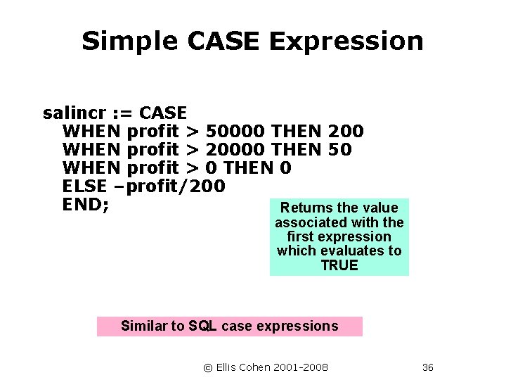 Simple CASE Expression salincr : = CASE WHEN profit > 50000 THEN 200 WHEN