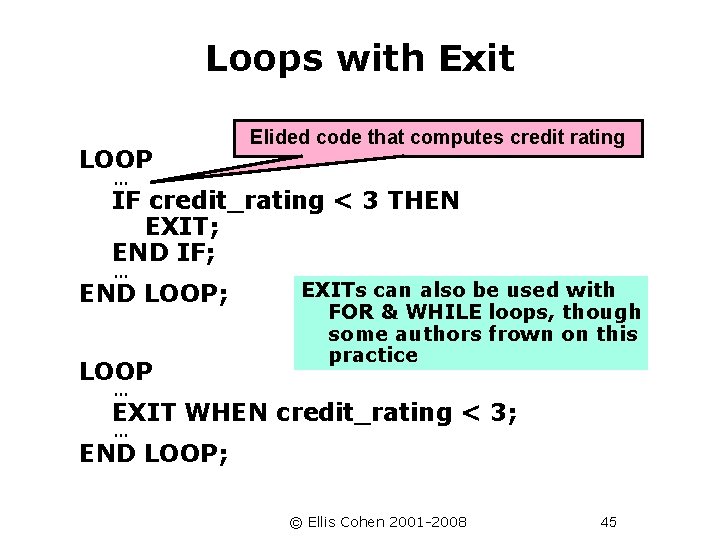 Loops with Exit LOOP Elided code that computes credit rating . . . IF