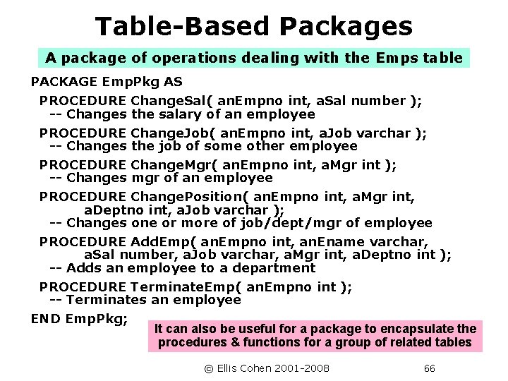 Table-Based Packages A package of operations dealing with the Emps table PACKAGE Emp. Pkg