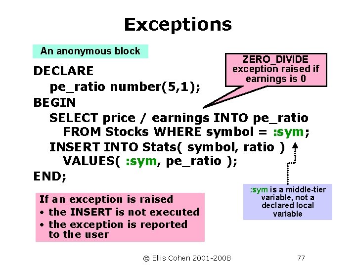 Exceptions An anonymous block ZERO_DIVIDE exception raised if earnings is 0 DECLARE pe_ratio number(5,