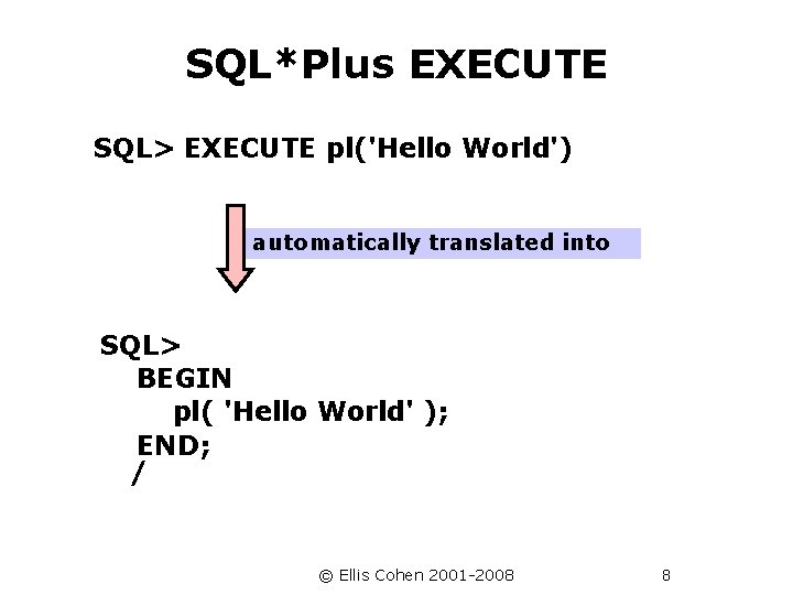 SQL*Plus EXECUTE SQL> EXECUTE pl('Hello World') automatically translated into SQL> BEGIN pl( 'Hello World'