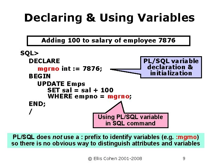 Declaring & Using Variables Adding 100 to salary of employee 7876 SQL> PL/SQL variable