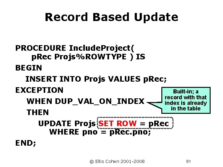 Record Based Update PROCEDURE Include. Project( p. Rec Projs%ROWTYPE ) IS BEGIN INSERT INTO