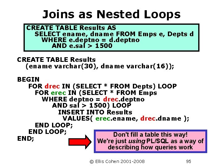 Joins as Nested Loops CREATE TABLE Results AS SELECT ename, dname FROM Emps e,