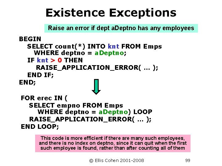 Existence Exceptions Raise an error if dept a. Deptno has any employees BEGIN SELECT