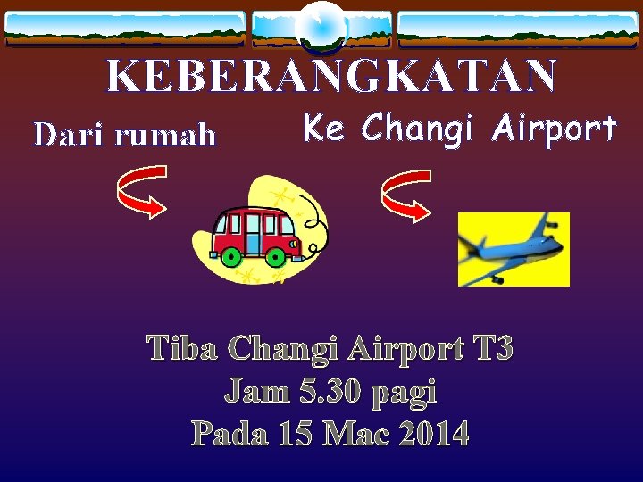 KEBERANGKATAN Dari rumah Ke Changi Airport Tiba Changi Airport T 3 Jam 5. 30