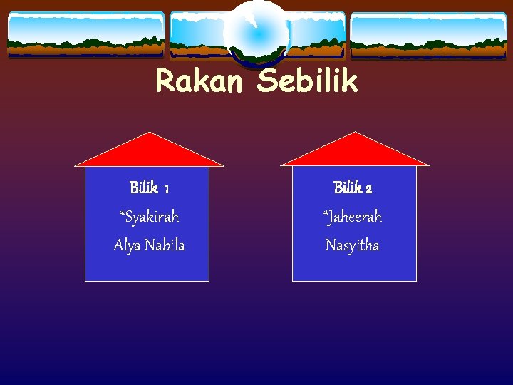 Rakan Sebilik Bilik 1 *Syakirah Alya Nabila Bilik 2 *Jaheerah Nasyitha 