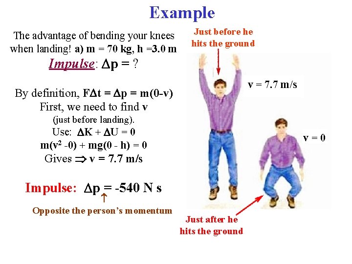 Example The advantage of bending your knees when landing! a) m = 70 kg,