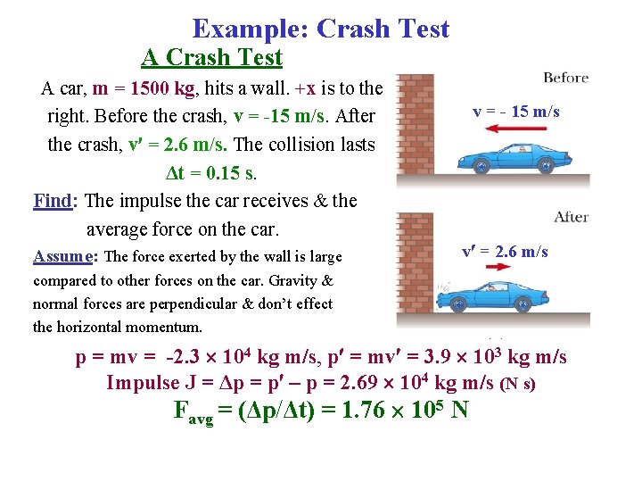 Example: Crash Test A car, m = 1500 kg, hits a wall. +x is