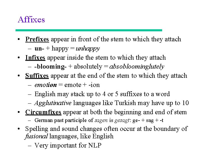 Affixes • Prefixes appear in front of the stem to which they attach –