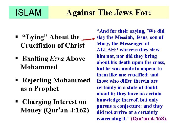 ISLAM Against The Jews For: § “Lying” About the Crucifixion of Christ § Exalting