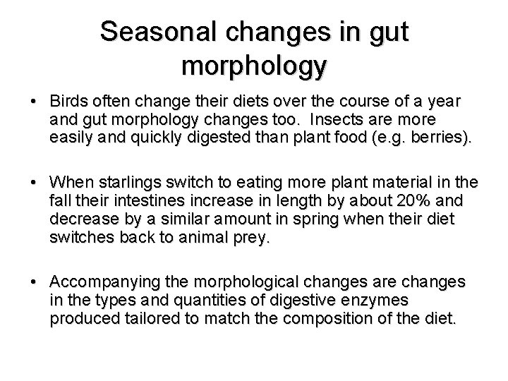 Seasonal changes in gut morphology • Birds often change their diets over the course