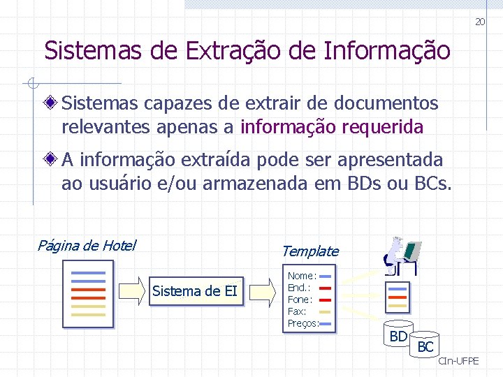 20 Sistemas de Extração de Informação Sistemas capazes de extrair de documentos relevantes apenas