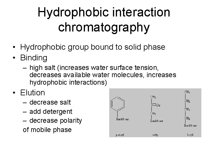 Hydrophobic interaction chromatography • Hydrophobic group bound to solid phase • Binding – high