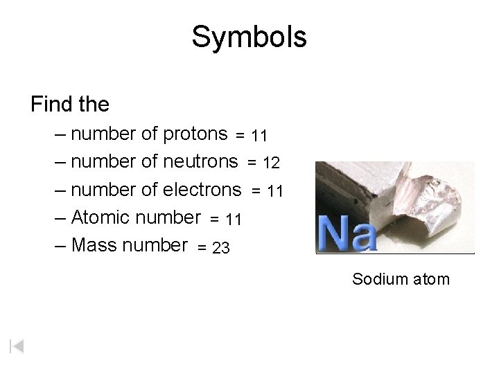 Symbols Find the – number of protons = 11 – number of neutrons =