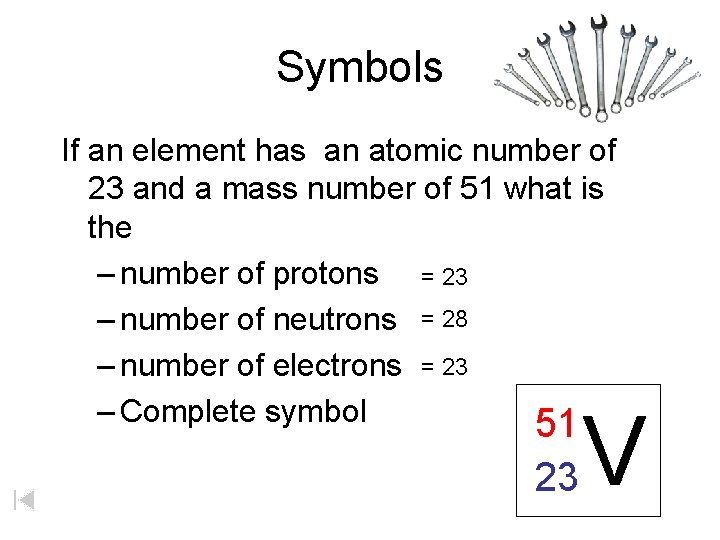 Symbols If an element has an atomic number of 23 and a mass number