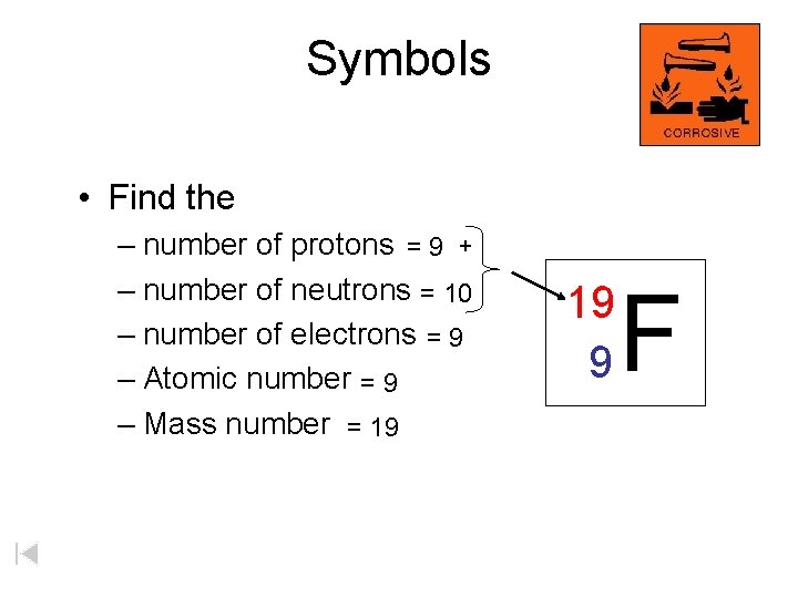 Symbols • Find the – number of protons = 9 + – number of