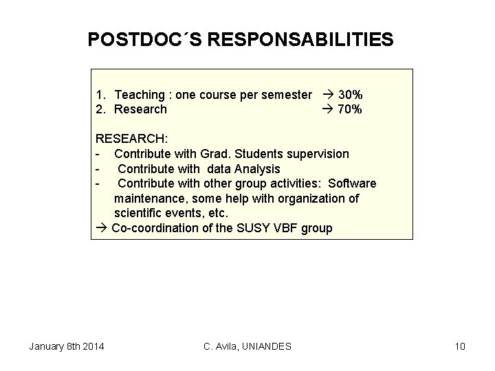 POSTDOC´S RESPONSABILITIES 1. Teaching : one course per semester 30% 2. Research 70% RESEARCH: