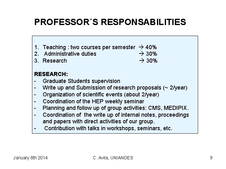 PROFESSOR´S RESPONSABILITIES 1. Teaching : two courses per semester 40% 2. Administrative duties 30%