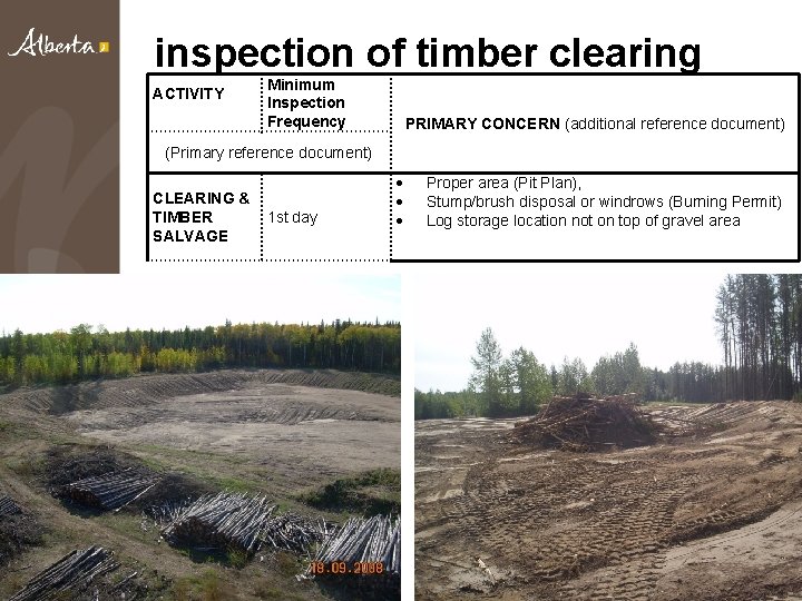 inspection of timber clearing ACTIVITY Minimum Inspection Frequency PRIMARY CONCERN (additional reference document) (Primary