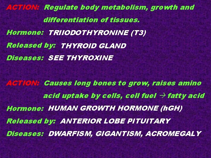 ACTION: Regulate body metabolism, growth and differentiation of tissues. Hormone: TRIIODOTHYRONINE (T 3) Released