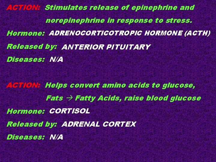 ACTION: Stimulates release of epinephrine and norepinephrine in response to stress. Hormone: ADRENOCORTICOTROPIC HORMONE