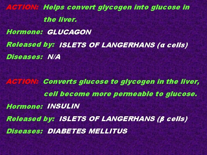 ACTION: Helps convert glycogen into glucose in the liver. Hormone: GLUCAGON Released by: ISLETS