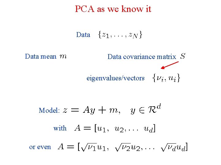 PCA as we know it Data mean Data covariance matrix eigenvalues/vectors Model: with or