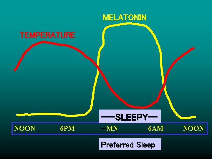 MELATONIN TEMPERATURE NOON 6 PM ---SLEEPY-6 AM - MN Preferred Sleep NOON 