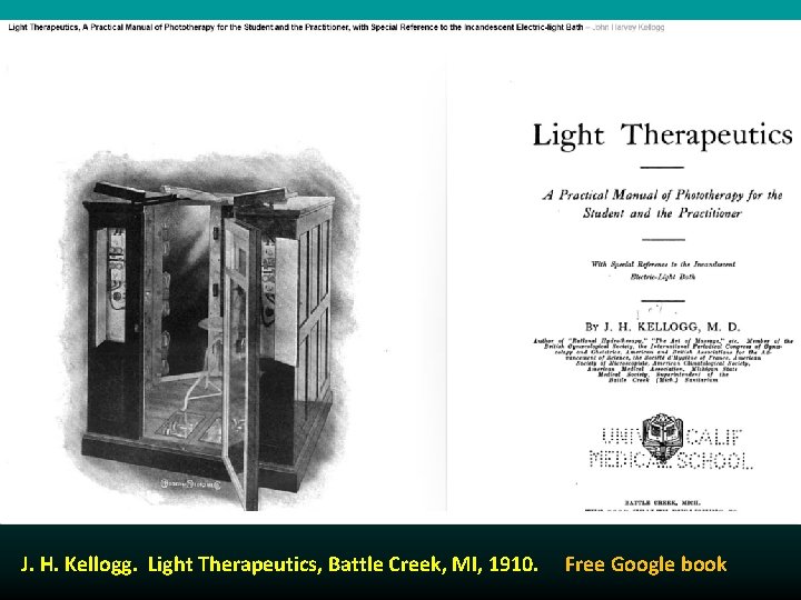 J. H. Kellogg. Light Therapeutics, Battle Creek, MI, 1910. Free Google book 