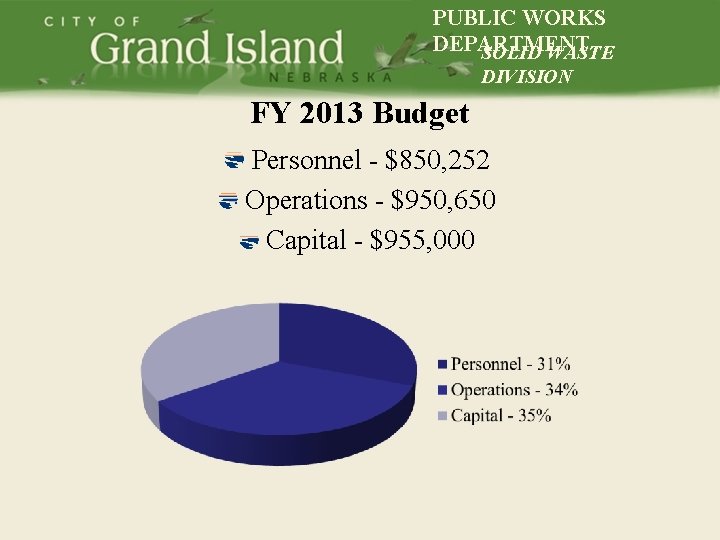 PUBLIC WORKS DEPARTMENT SOLID WASTE DIVISION FY 2013 Budget Personnel - $850, 252 Operations