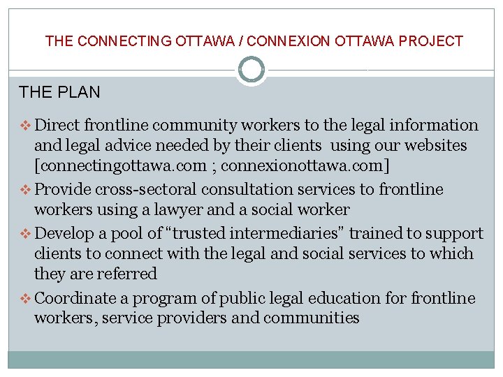 THE CONNECTING OTTAWA / CONNEXION OTTAWA PROJECT THE PLAN v Direct frontline community workers
