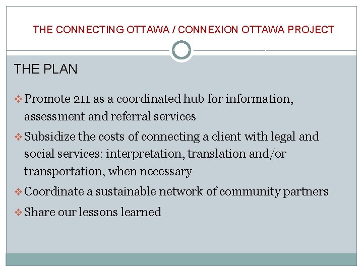 THE CONNECTING OTTAWA / CONNEXION OTTAWA PROJECT THE PLAN v Promote 211 as a